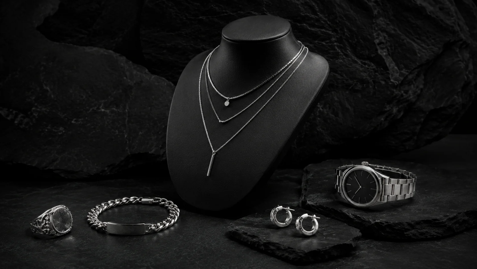 Silver jewellery and watches arranged on dark stone