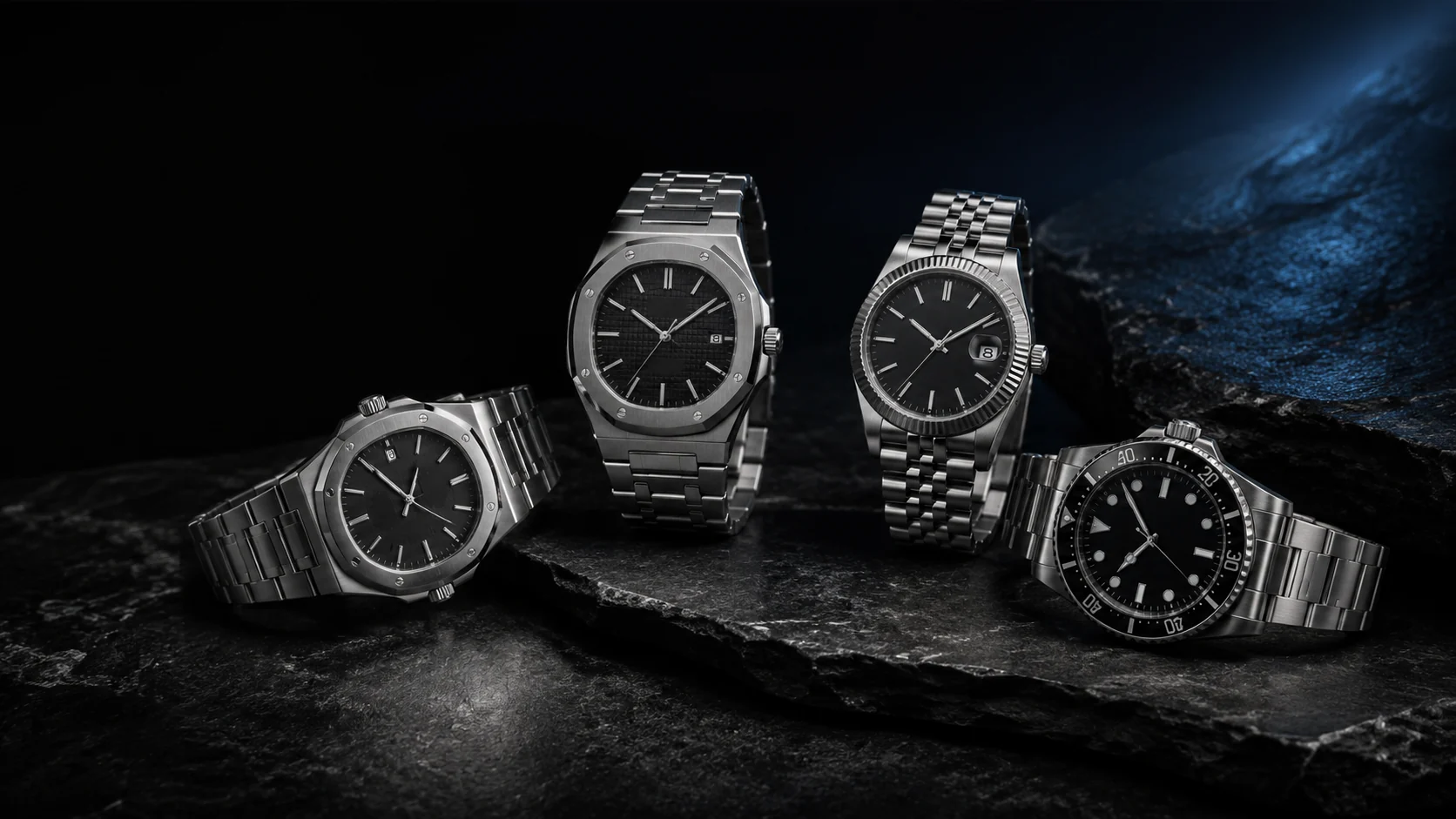 A monochrome silver watch arranged with jewellery on dark stone